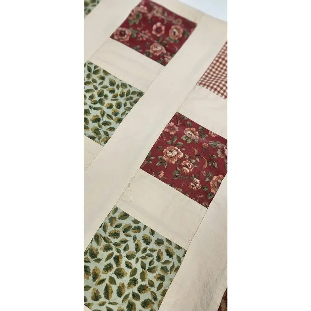 Cottagecore Cotton Quilt Patterned Tablecloth Rust, Green & Ivory 76x108